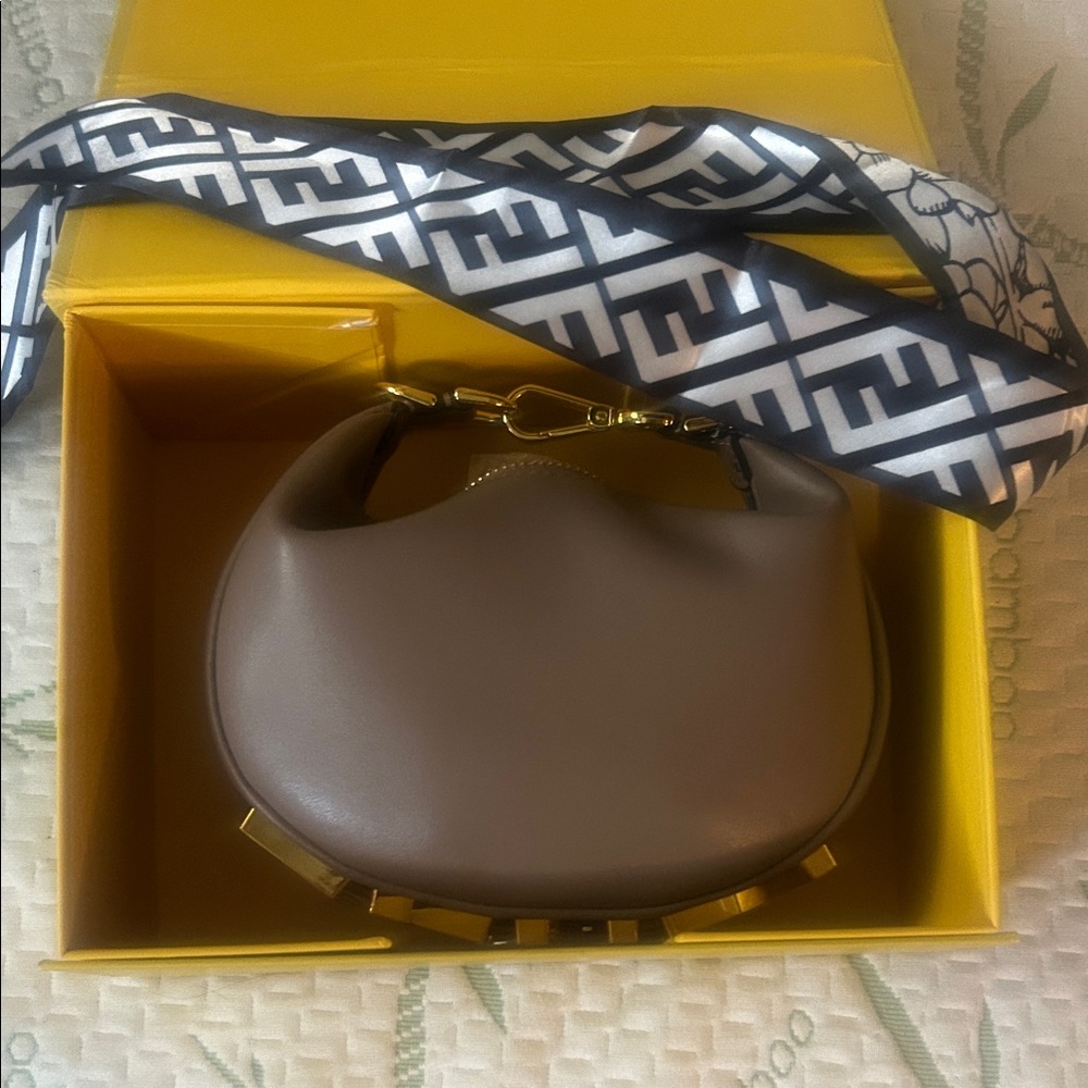 Fendi Taupe Crossbody Bag with Black and White Strap